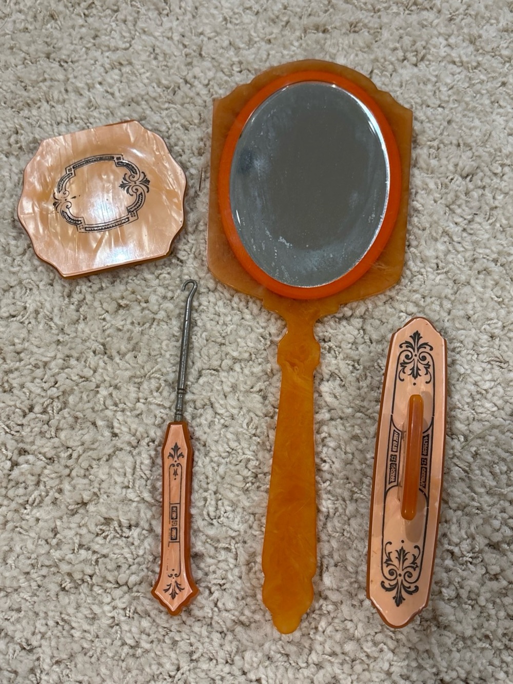 Vintage 1950s Celluloid Vanity Set: Mirror, Powder Puff, Compact, Button Hook